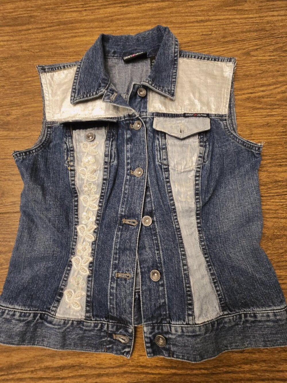 DKNY JEANS Vintage Women's Sleeveless Blue Denim Vest w/Lace/Pearls/Foil-Medium